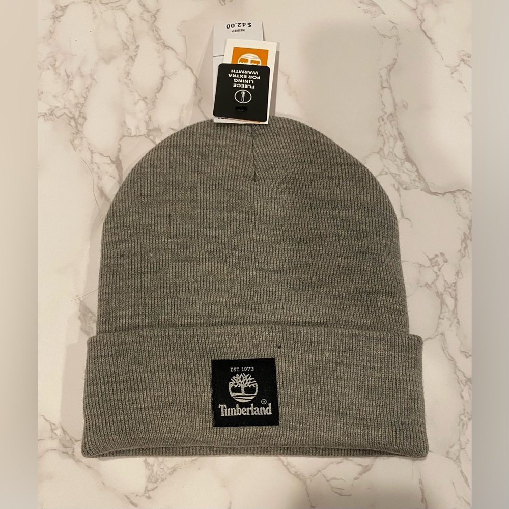 TIMBERLAND ADULT BEANIE HEATHER GREY WITH FLEECE LINING - NWT